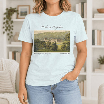 Pemberley House Pride And Prejudice Ultra-Soft Cotton T-Shirt | Gift Heather Ice Blue