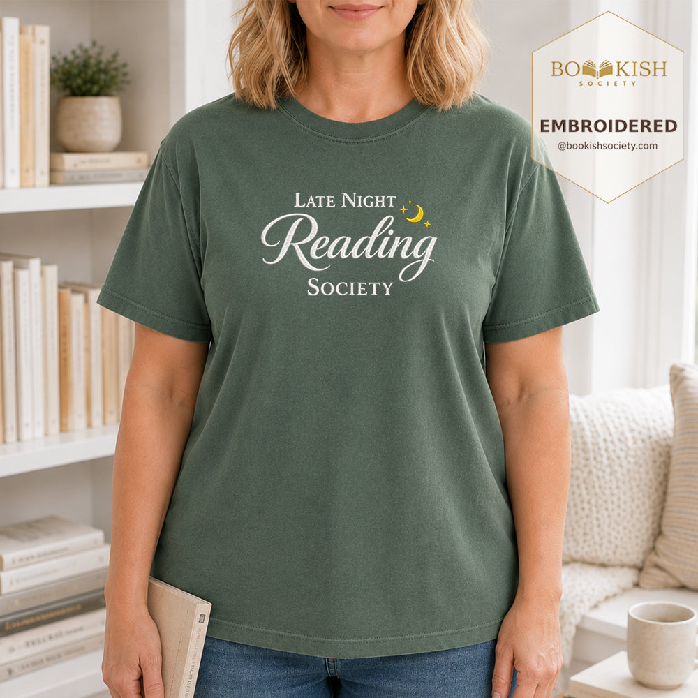 Late Night Reading Society Embroidered Comfort Color® T-shirt | Book Lover Gift Moss