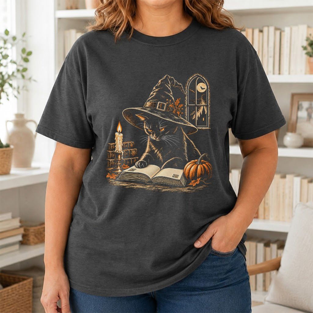 Reading Black Cat Witch Printed T-Shirt | Halloween Book Lover Gift Dark Heather