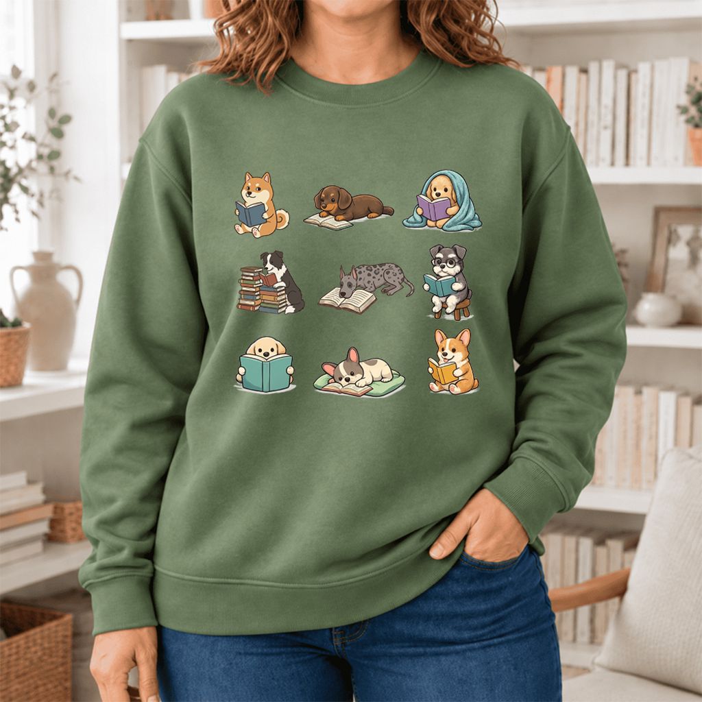 Funny Reading Dogs Embroidered Sweatshirt | Dog Mom Reader Gift Military Green