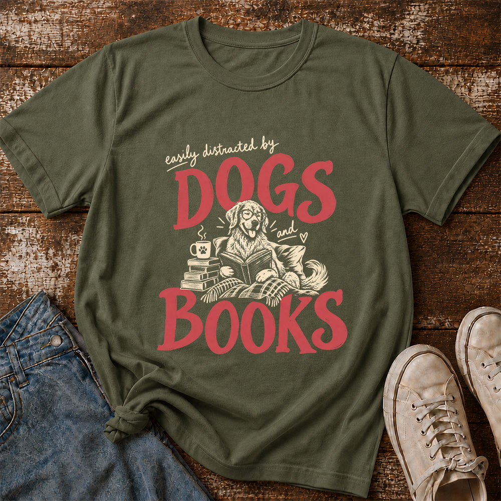 Easily Distracted By Dogs And Books Softstyle T-Shirt | Book Lover Gift Military Green