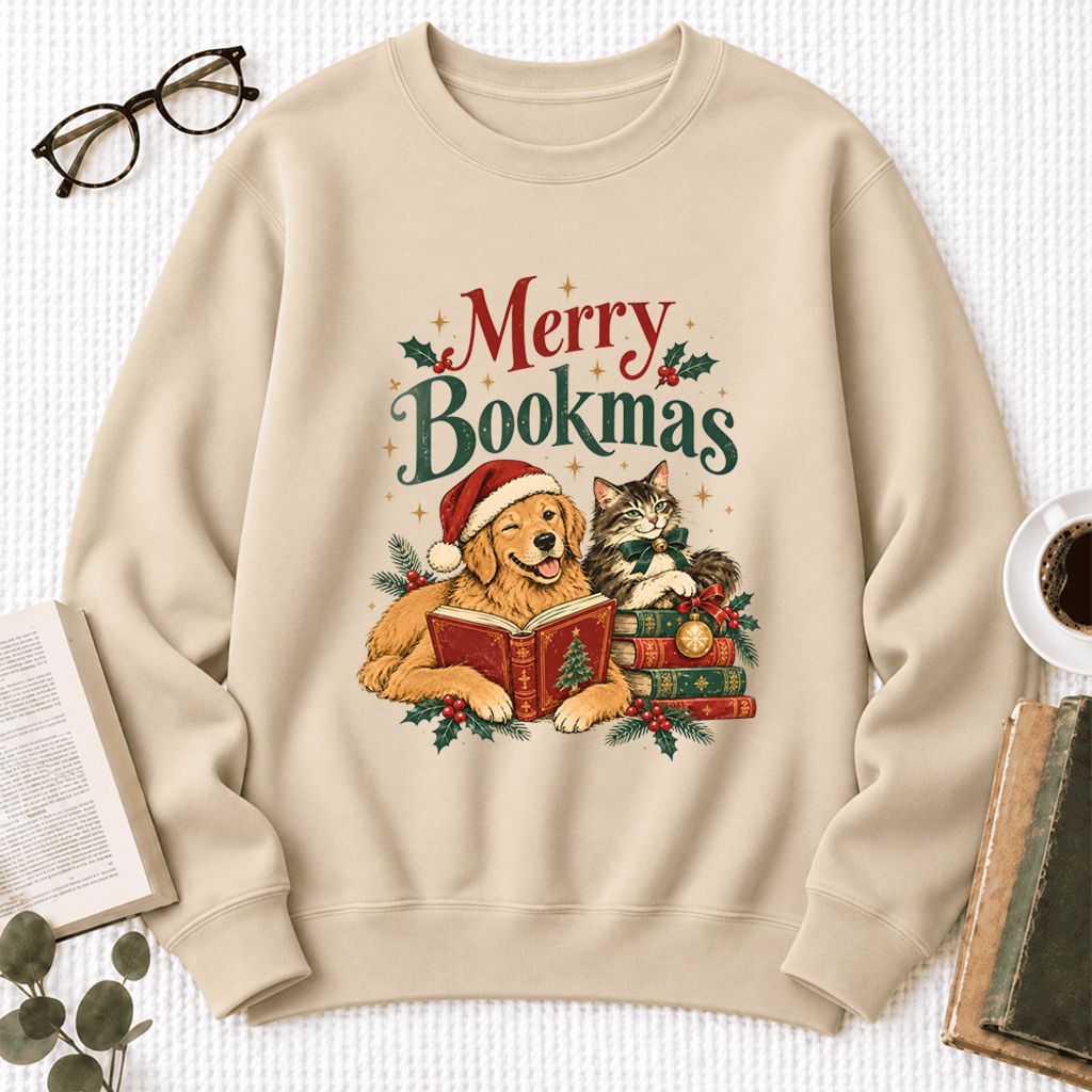 Merry Bookmas Softstyle Sweatshirt | Christmas Book Lover Gift Sand