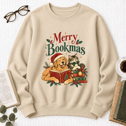 Merry Bookmas Softstyle Sweatshirt | Christmas Book Lover Gift Sand