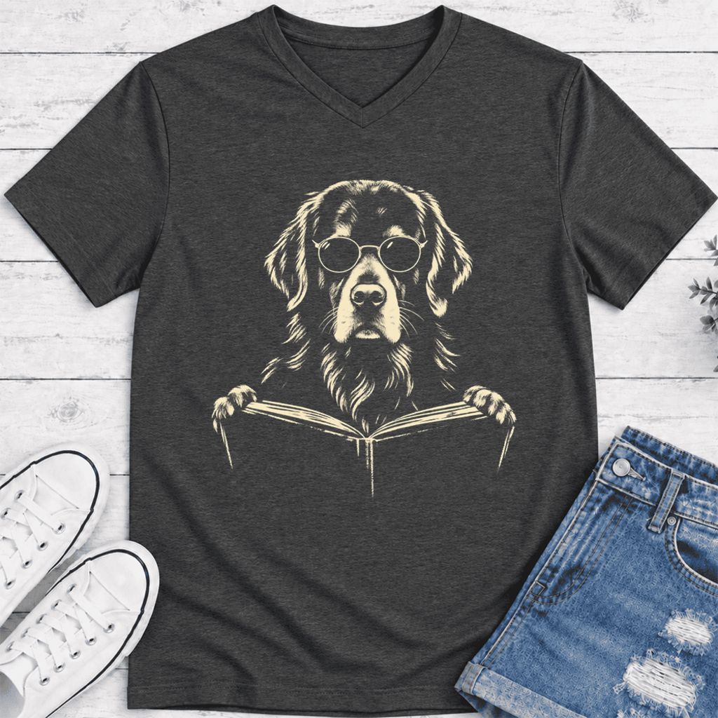 Golden Retriever Reading Book Ultra-Soft V-Neck | Dog Mom Reader Gift Dark Grey Heather