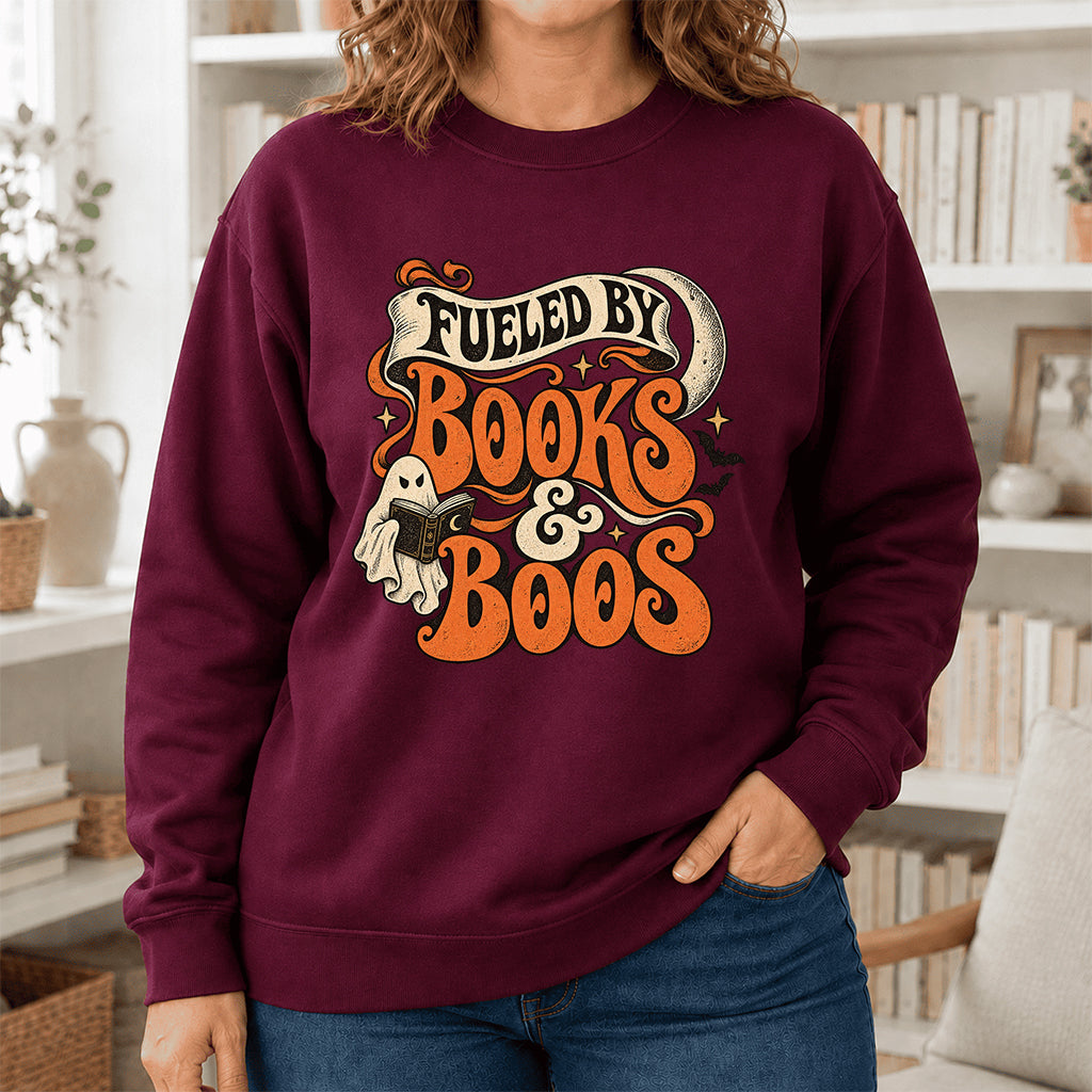 Fueled By Books & Boos Printed Sweatshirt | Halloween Book Lover Gift Maroon