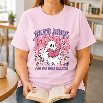 Read More Books Ghost Printed T-Shirt | Halloween Book Lover Gift Light Pink