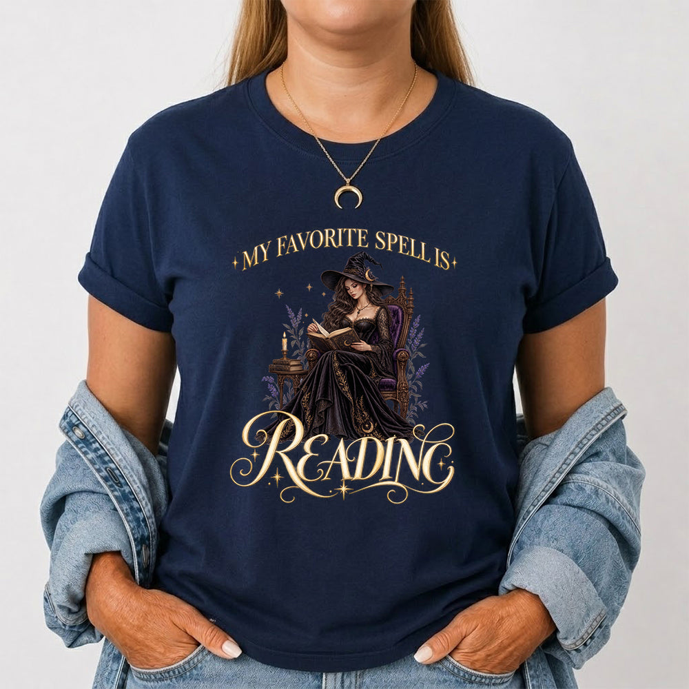 My Favorite Spell Is Reading Printed T-Shirt | Halloween Fantasy Book Lover Gift Navy