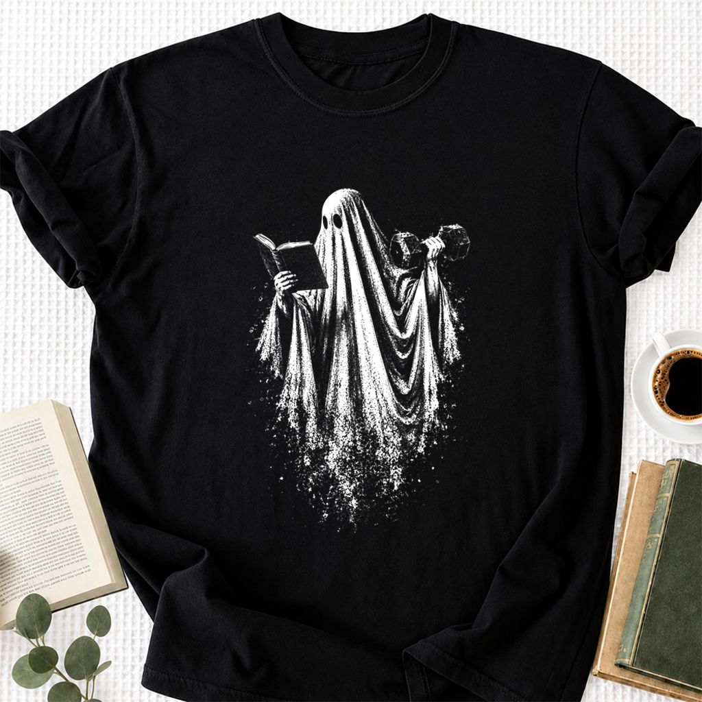 Reading Gym Ghost Printed T-Shirt | Halloween Book Lover Gift Black