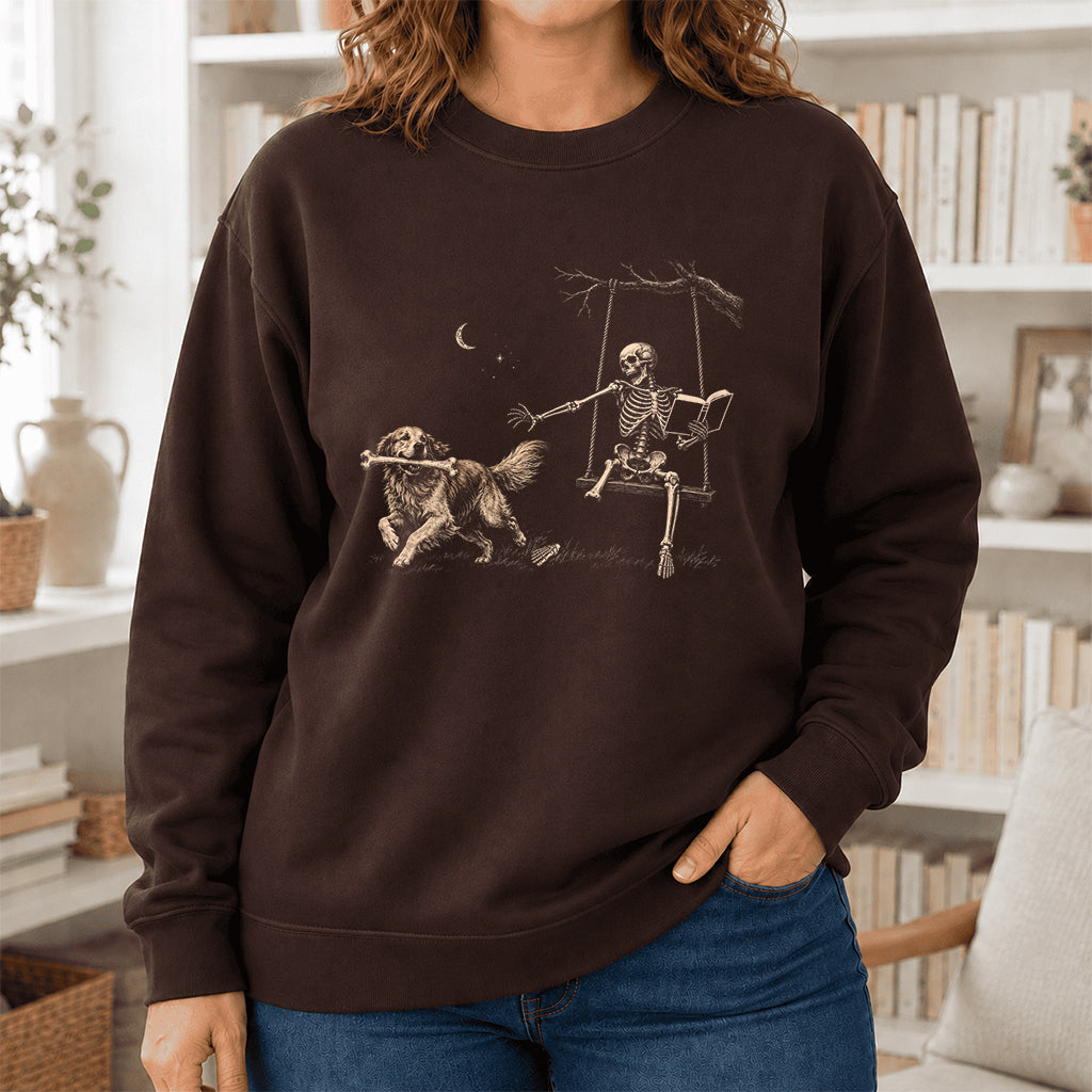 Funny Reading Book With Golden Retriever Printed Sweatshirt | Halloween Dog Lover & Reader Gift Dark Chocolate