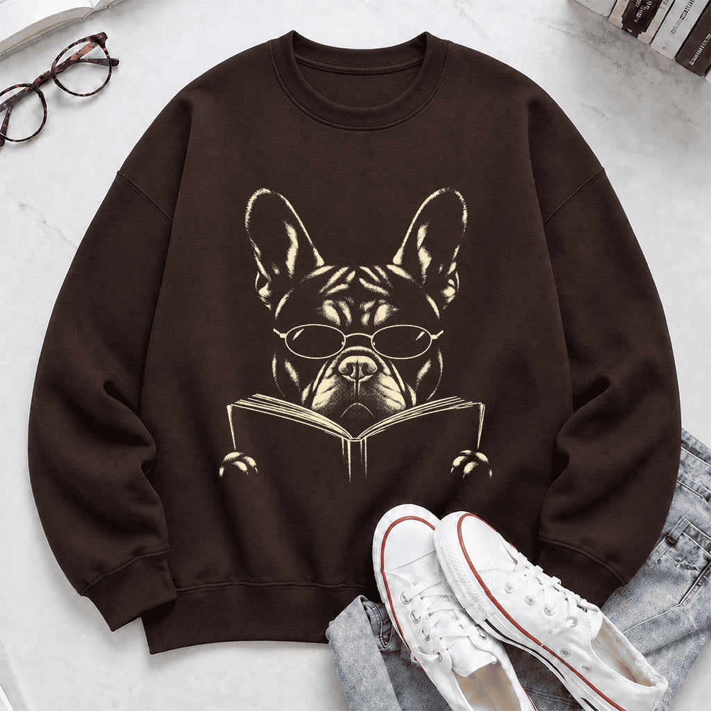 French Bulldog Reading Book Crewneck Sweatshirt | Reader Gift Dark Chocolate