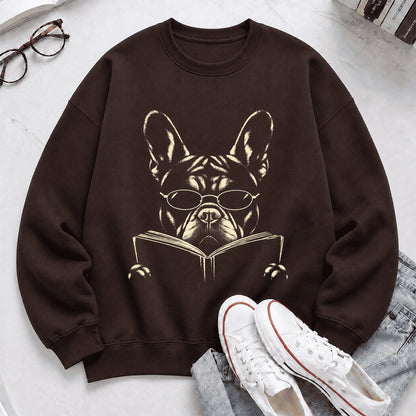 French Bulldog Reading Book Crewneck Sweatshirt | Reader Gift Dark Chocolate