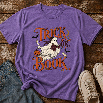 Trick Or Book Ghost Printed T-Shirt | Halloween Book Lover Gift Heather Purple