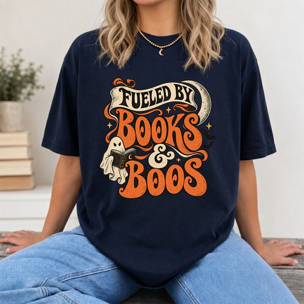 Fueled By Books & Boos Printed T-Shirt | Halloween Book Lover Gift Navy