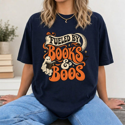 Fueled By Books & Boos Printed T-Shirt | Halloween Book Lover Gift Navy