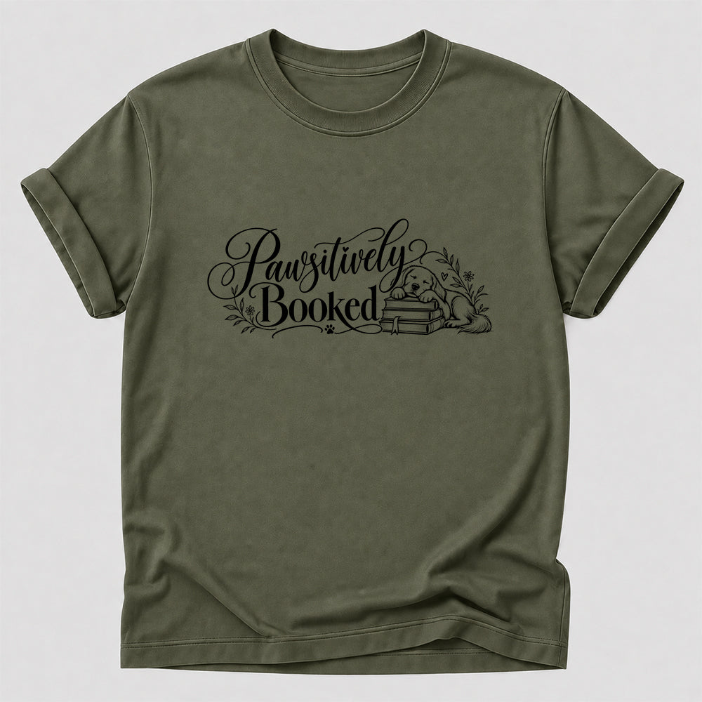 Pawsitively Booked Cotton T-Shirt | Dog Lover & Reader Gift Military Green