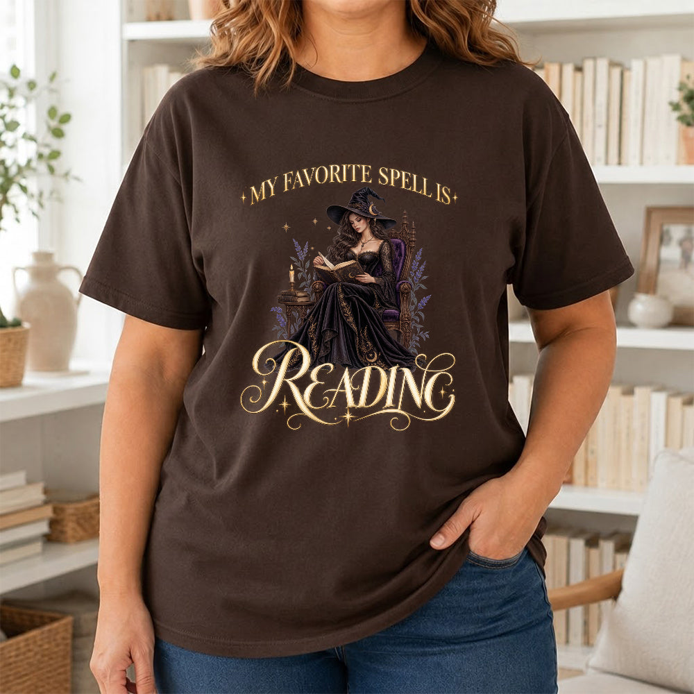 My Favorite Spell Is Reading Printed T-Shirt | Halloween Fantasy Book Lover Gift Dark Chocolate