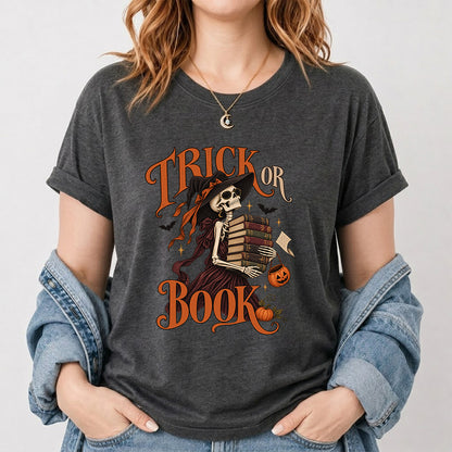 Trick Or Book Lady Printed T-Shirt | Halloween Book Lover Gift Dark Heather