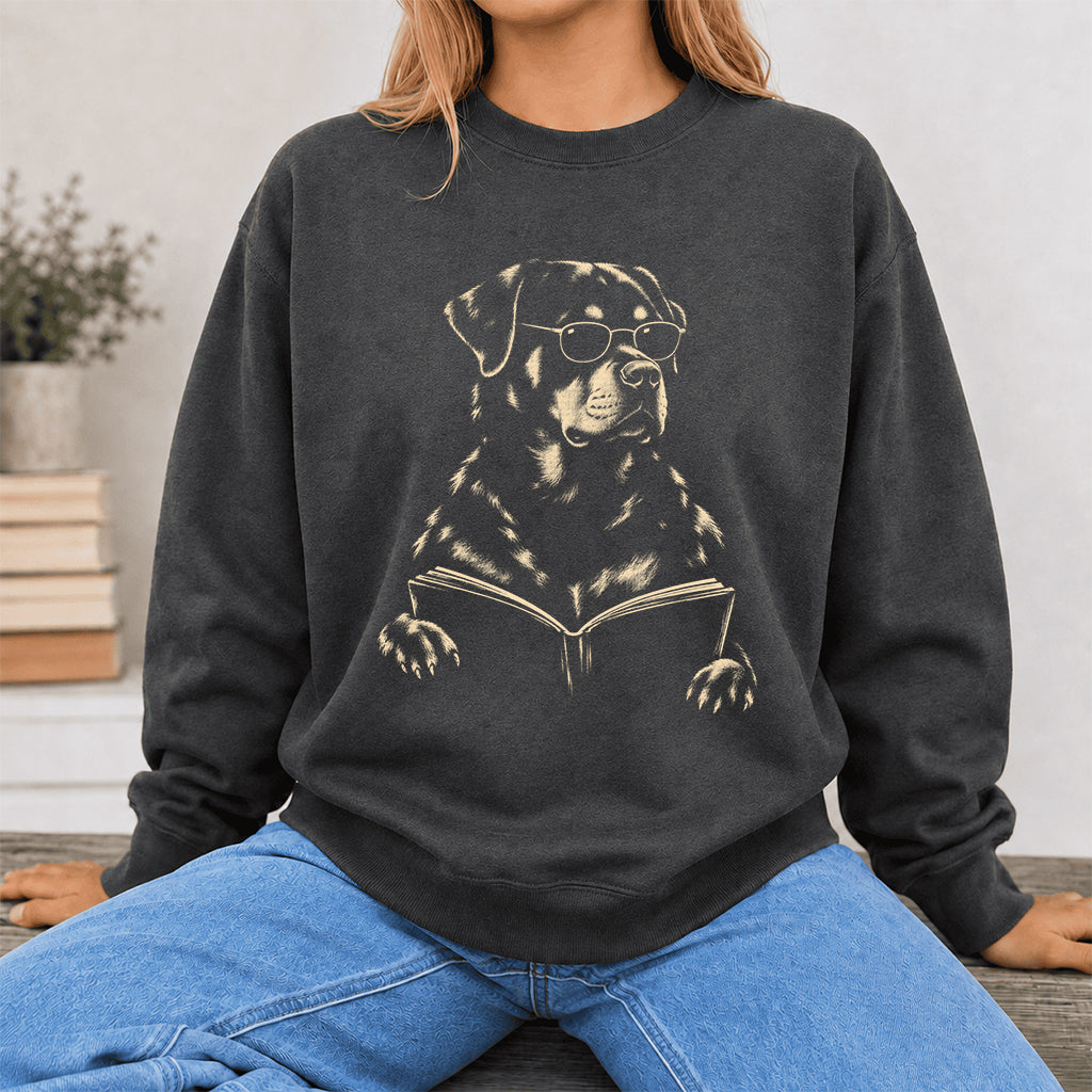 Rottweiler Reading Book Crewneck Sweatshirt | Reader Gift Dark Heather