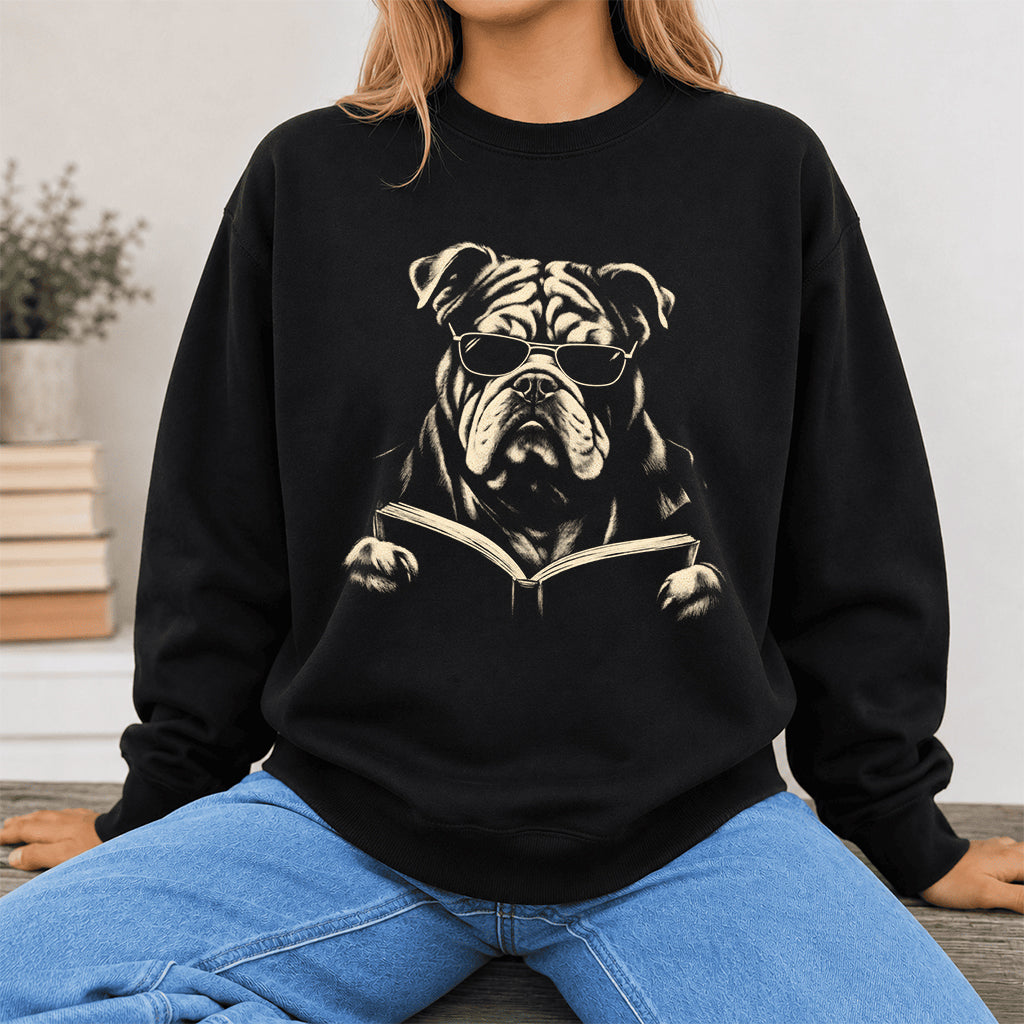 Bulldog Reading Book Crewneck Sweatshirt | Reader Gift Black