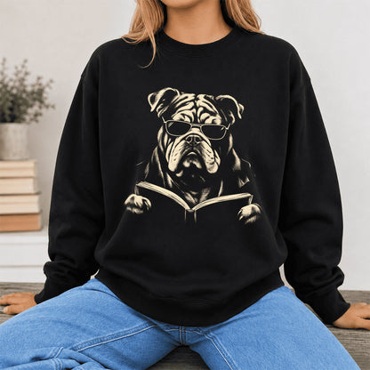 Bulldog Reading Book Crewneck Sweatshirt | Reader Gift Black