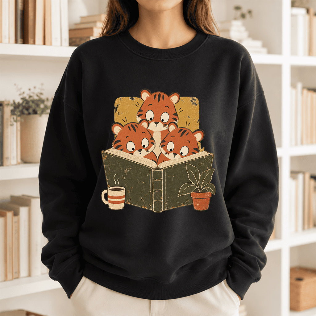 Minimal Japanese Tigers Reading Crewneck Sweatshirt | Reader Gift Black
