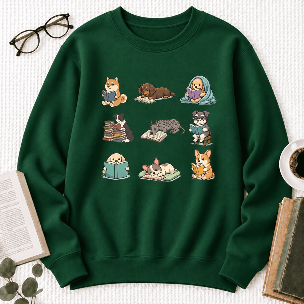 Funny Reading Dogs Embroidered Sweatshirt | Dog Mom Reader Gift Forest Green