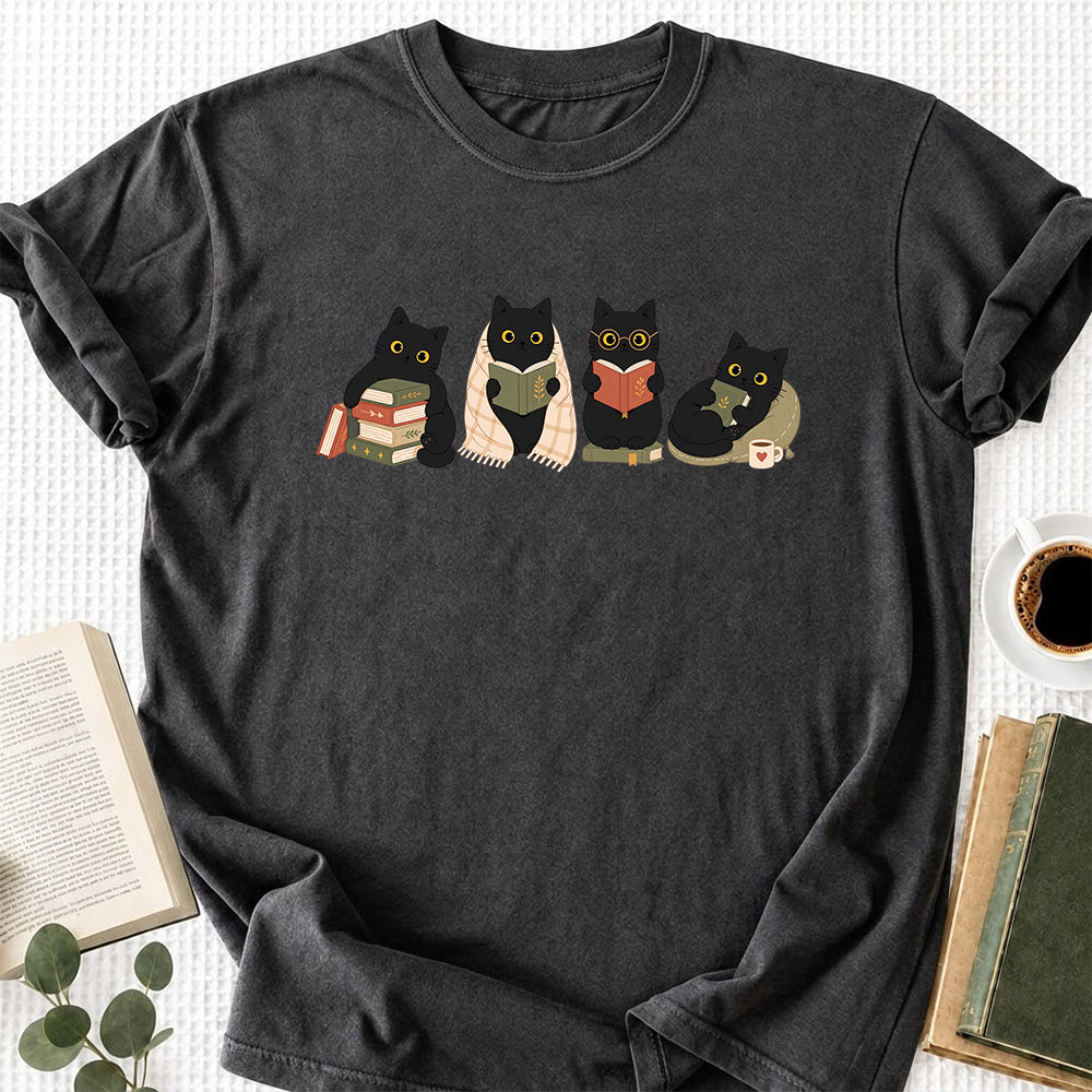 Black Cats Reading Softstyle T-Shirt | Book Lover Gift Dark Heather
