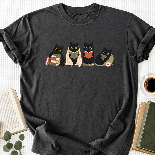 Black Cats Reading Softstyle T-Shirt | Book Lover Gift Dark Heather