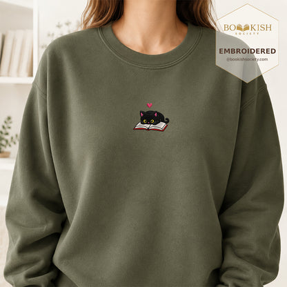 Black Cat and Book Embroidered Sweatshirt | Reader Gift Military Green