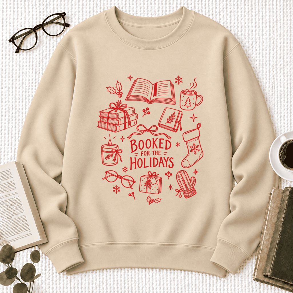 Booked For The Holidays Softstyle Sweatshirt | Christmas Book Lover Gift Sand