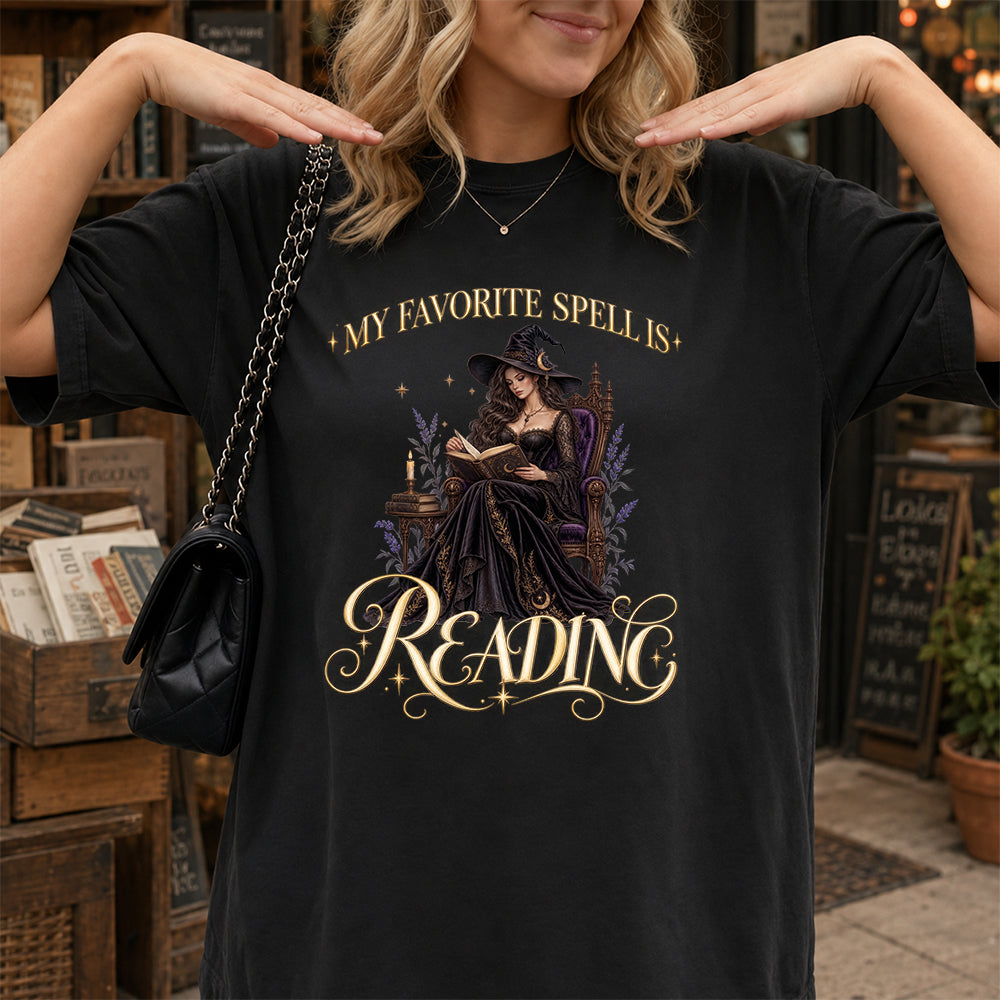 My Favorite Spell Is Reading Printed T-Shirt | Halloween Fantasy Book Lover Gift Black