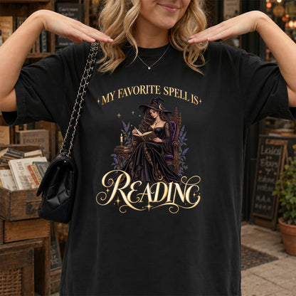My Favorite Spell Is Reading Printed T-Shirt | Halloween Fantasy Book Lover Gift Black