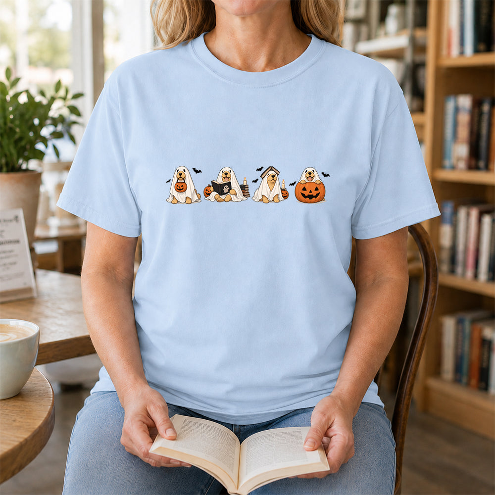 Spooky Golden Retrievers Book Club Printed T-Shirt | Halloween Book Lover Gift Light Blue