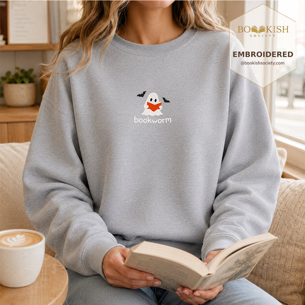 Bookworm Embroidered Sweatshirt | Halloween Book Lover Gift Sport Grey