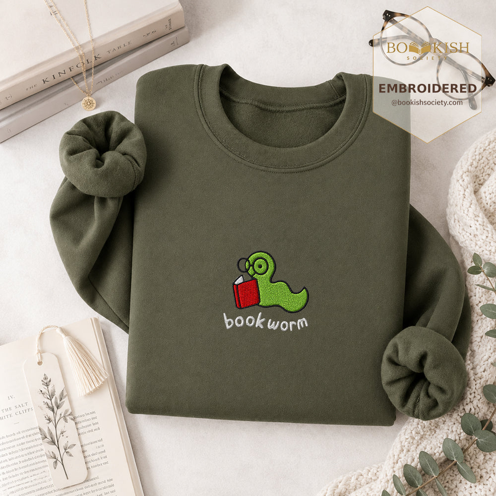 Bookworm Embroidered Sweatshirt | Reader Gift Military Green