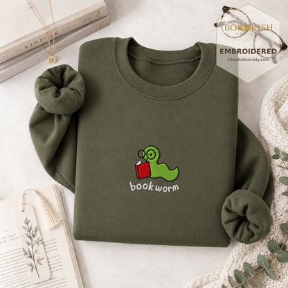 Bookworm Embroidered Sweatshirt | Reader Gift Military Green