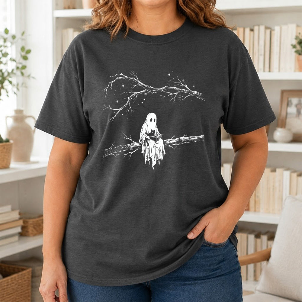 Reading Ghost With Black Cat Printed T-Shirt | Halloween Cat Lover Reader Gift Dark Heather