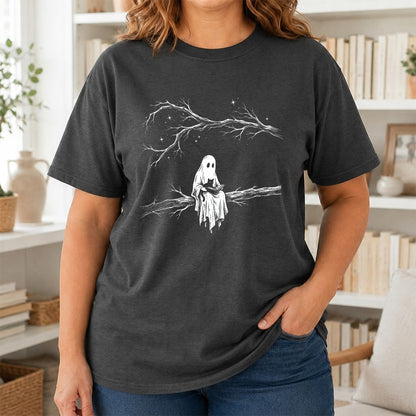 Reading Ghost With Black Cat Printed T-Shirt | Halloween Cat Lover Reader Gift Dark Heather