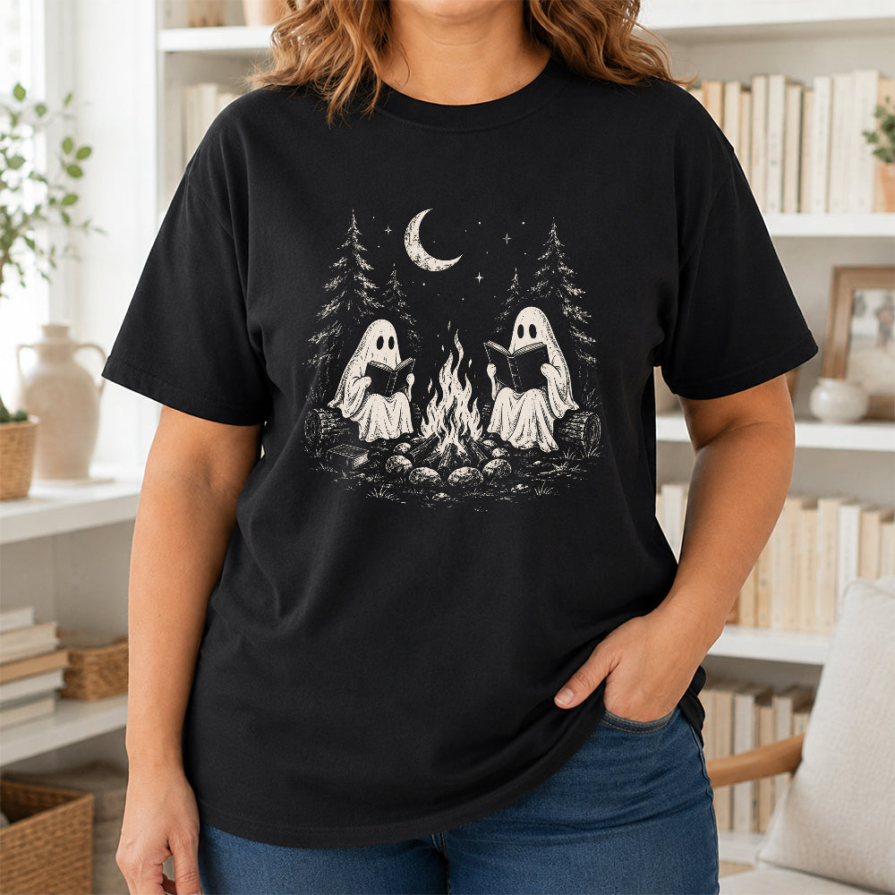 Camping Reading Ghosts Printed T-Shirt | Spooky Book Lover Gift Black