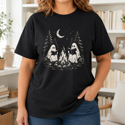 Camping Reading Ghosts Printed T-Shirt | Spooky Book Lover Gift Black