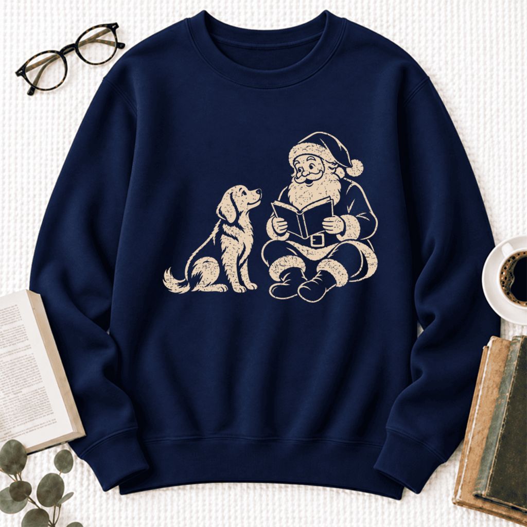 Funny Dog With Reading Santa Softstyle Sweatshirt | Christmas Book Lover Gift Navy