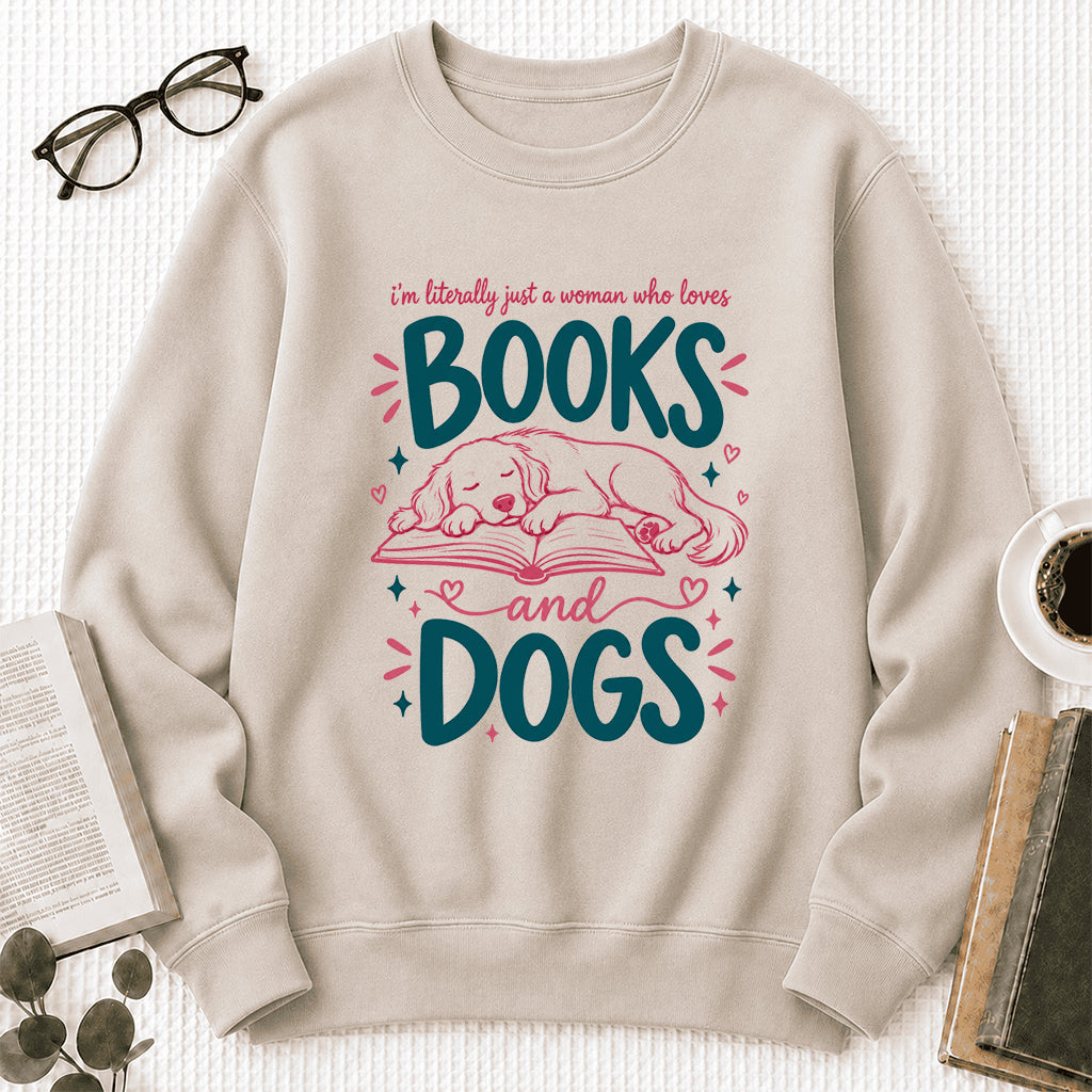 Just A Woman Who Loves Books and Dogs Crewneck Sweatshirt |  Dog Lover & Reader Gift Sand