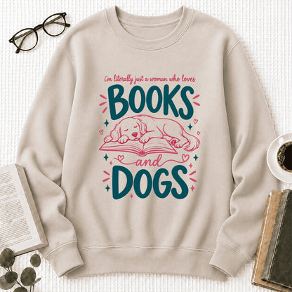 Just A Woman Who Loves Books and Dogs Crewneck Sweatshirt |  Dog Lover & Reader Gift Sand