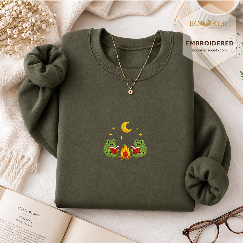 Frog Campfire Embroidered Sweatshirt | Reader Gift Military Green