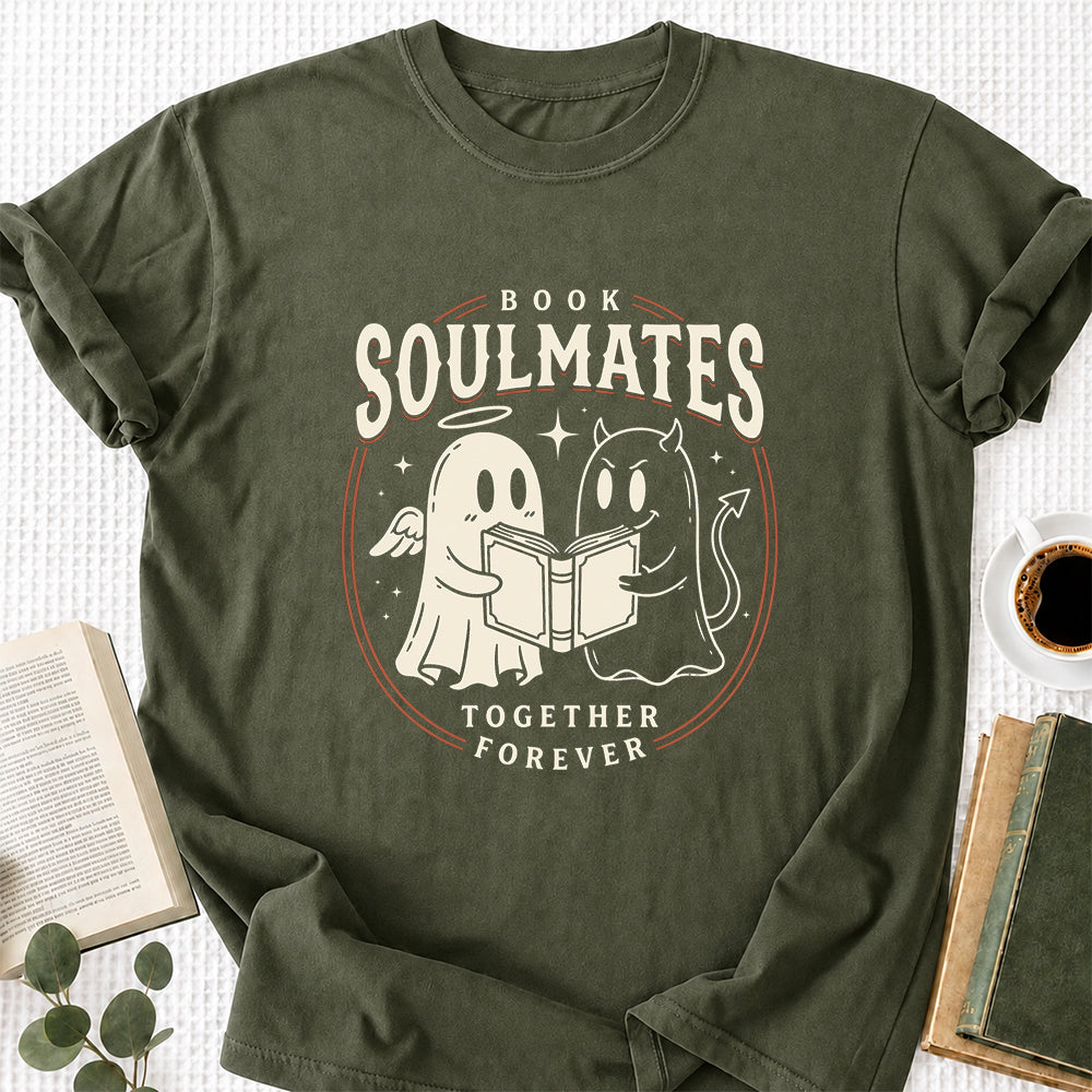 Book Soulmates Together Forever Printed T-Shirt | Halloween Book Lover Gift Military Green