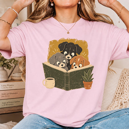 Minimal Japanese Dogs Reading Softstyle T-Shirt | Book Lover Gift Light Pink