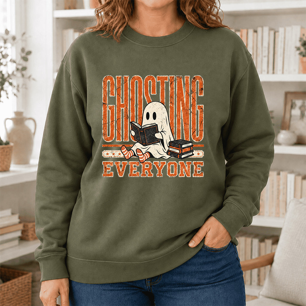 Ghosting Everyone Printed Sweatshirt | Halloween Book Lover Gift Military Green