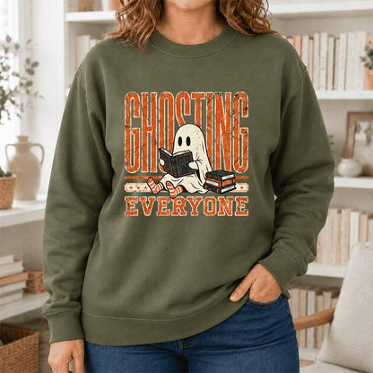 Ghosting Everyone Printed Sweatshirt | Halloween Book Lover Gift Military Green