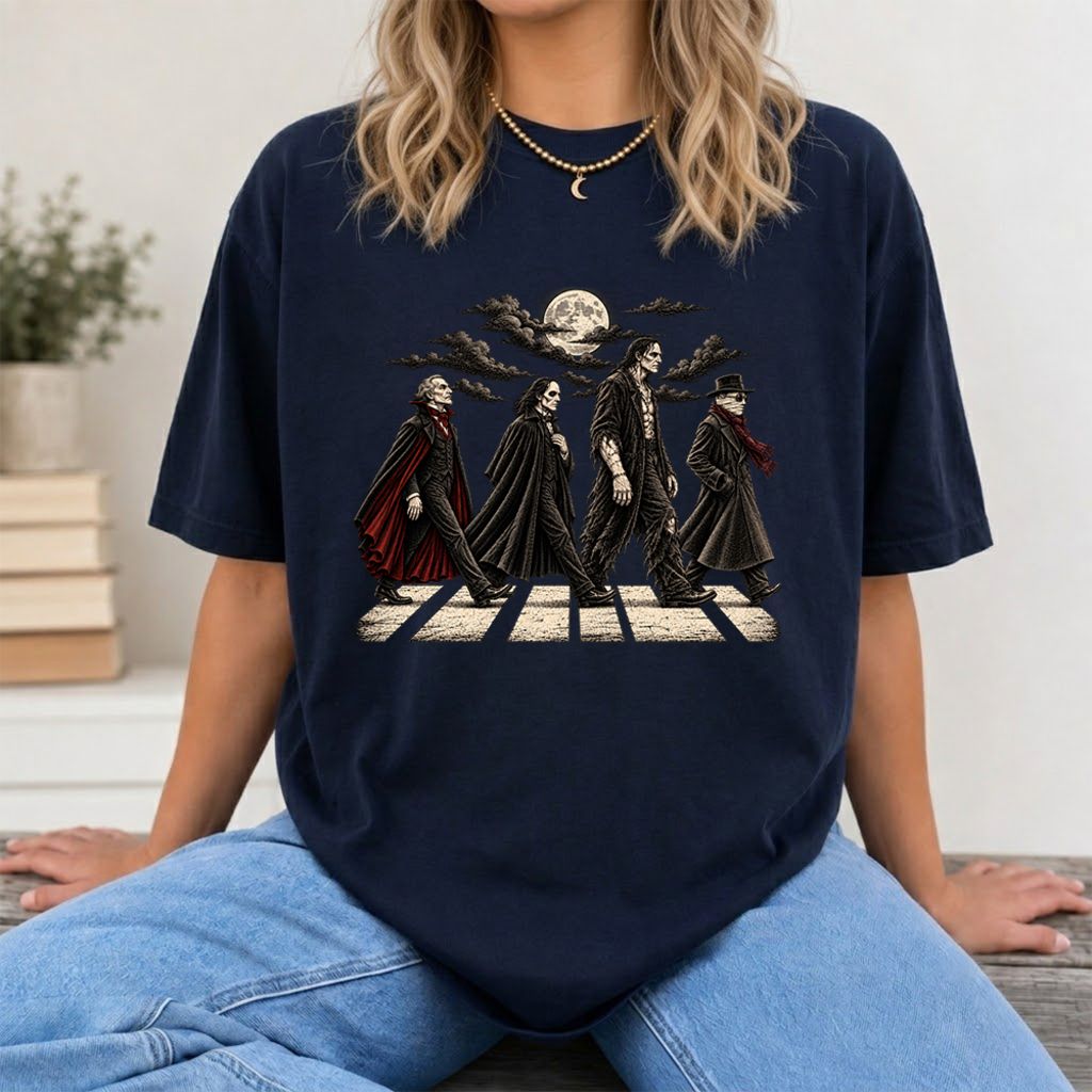 Monsters Road Printed T-Shirt | Halloween Book Lover Gift Navy