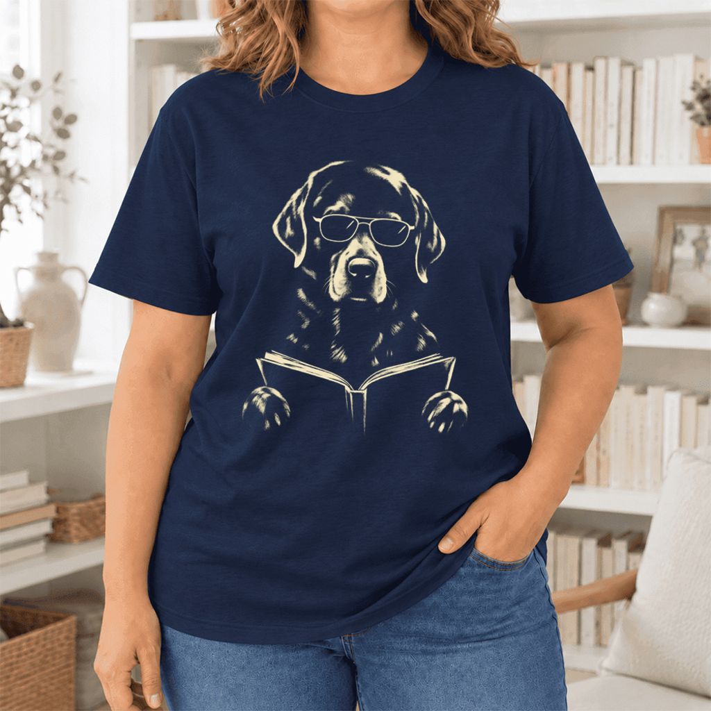 Labrador Retriever Reading Book Ultra-Soft Cotton T-Shirt | Dog Mom Reader Gift Navy